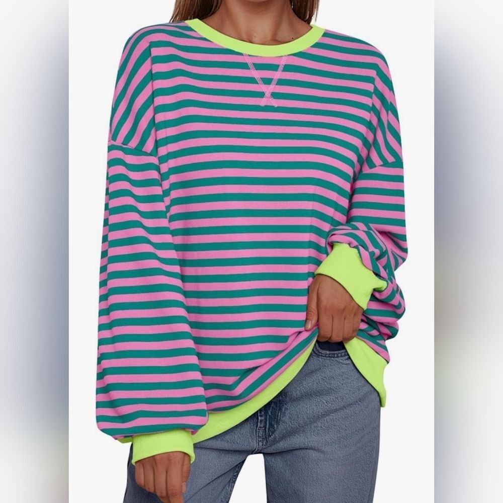 ☔️🔹️NWT Neon & Striped Drop Shoulder Oversized Sweatshirt Medium